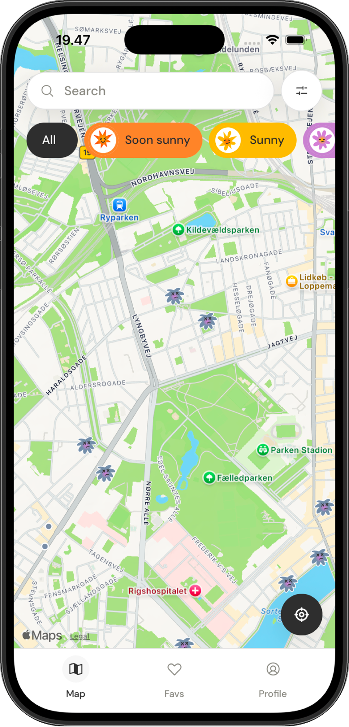 Sunquà map screen with sunny venue markers